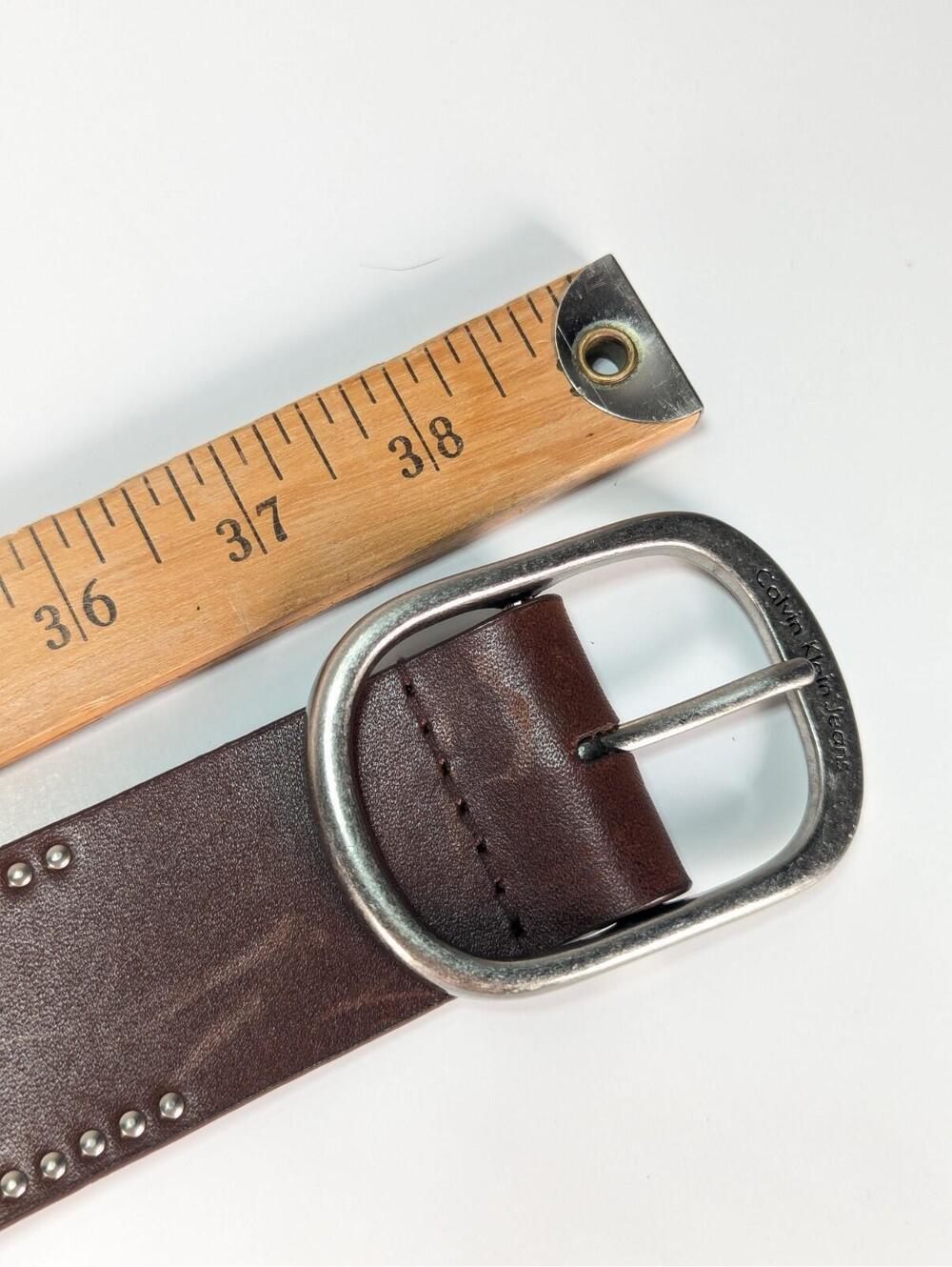 Women's Calvin Klein Jeans Leather Belt Medium 38" Brown Studded Matte Silver - Picture 11 of 11